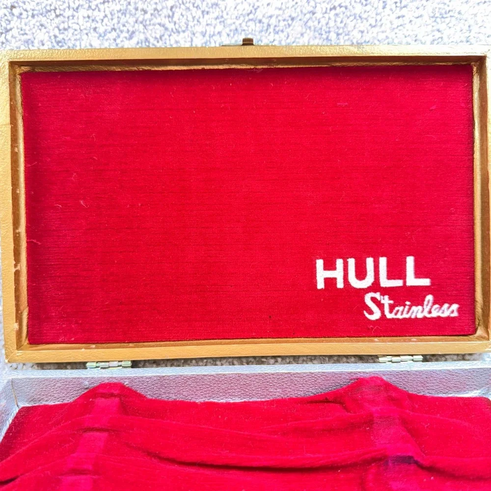 Vintage Hull Stainless Steak Knife Set 6pc Faux Wood Grain Handles Japan Case